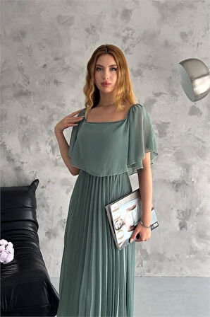 Dipmoda kadın madonna yaka piliseli şifon elbise DPK2099