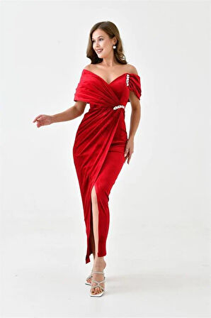 Dipmoda kadın taş ve yırtmaç detaylı kadife abiye elbise DPS9361