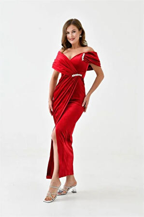 Dipmoda kadın taş ve yırtmaç detaylı kadife abiye elbise DPS9361