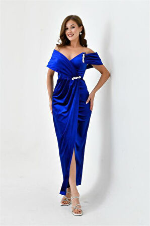 Dipmoda kadın taş ve yırtmaç detaylı kadife abiye elbise DPS9361