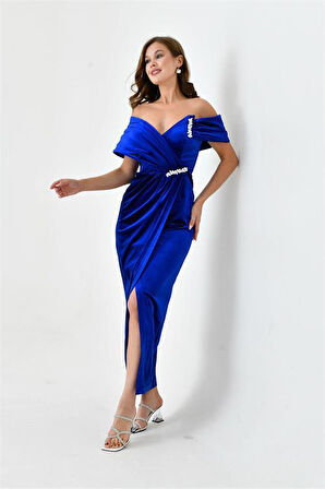 Dipmoda kadın taş ve yırtmaç detaylı kadife abiye elbise DPS9361