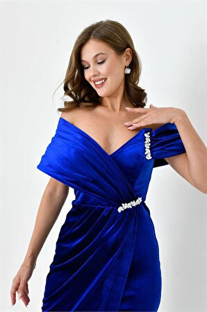 Dipmoda kadın taş ve yırtmaç detaylı kadife abiye elbise DPS9361