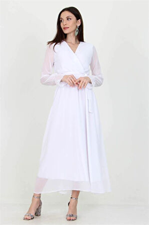 Dipmoda Kadın Beyaz Yeni Sezon Astarlı Kruvaze Yaka Uzun Şifon Elbise DP003