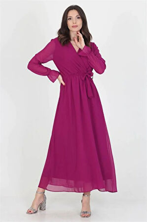 Dipmoda Kadın Yeni Sezon Astarlı Kruvaze Yaka Uzun Şifon Elbise DP003