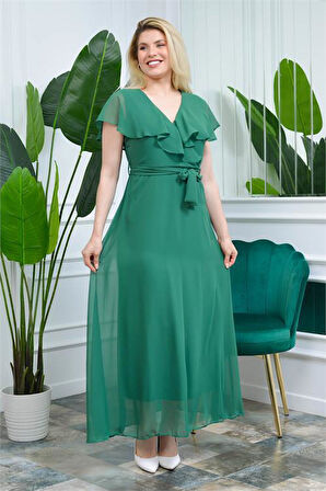 Dipmoda Kadın Yeşil Kruvaze Yaka Bağlama Detaylı Uzun Şifon Elbise DP0001