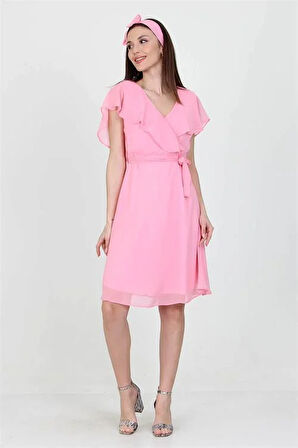 Dipmoda kadın midi boy yeni sezon kruvaze yaka melek kol şifon elbise RY8081