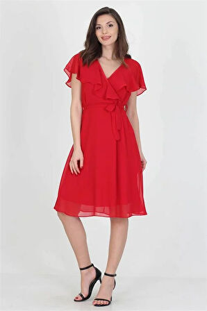 Dipmoda kadın midi boy yeni sezon kruvaze yaka melek kol şifon elbise RY8081