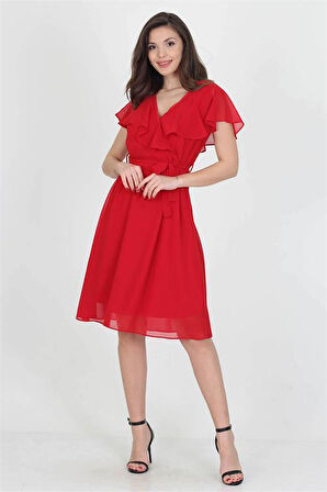 Dipmoda kadın midi boy yeni sezon kruvaze yaka melek kol şifon elbise RY8081