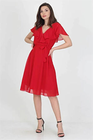 Dipmoda kadın midi boy yeni sezon kruvaze yaka melek kol şifon elbise RY8081