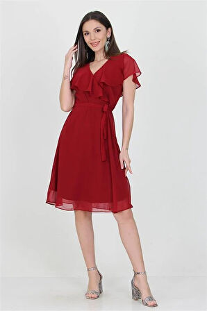 Dipmoda kadın midi boy yeni sezon kruvaze yaka melek kol şifon elbise RY8081