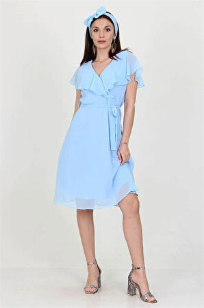 Dipmoda kadın midi boy yeni sezon kruvaze yaka melek kol şifon elbise RY8081