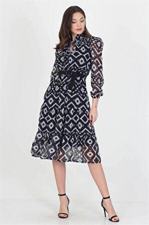 Dipmoda kadın kemerli yakası bağlama detaylı midi boy gipeli şifon elbise DP0006