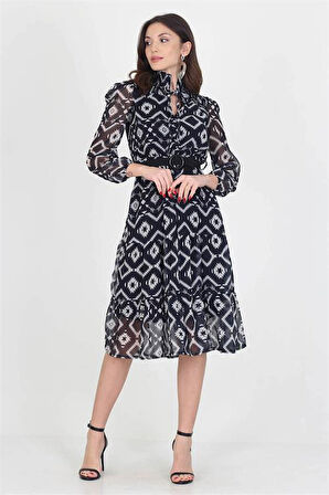 Dipmoda kadın kemerli yakası bağlama detaylı midi boy gipeli şifon elbise DP0006