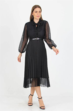 Dipmoda kadın siyah yakası bağlama detaylı kemerli dantel elbise APCX41