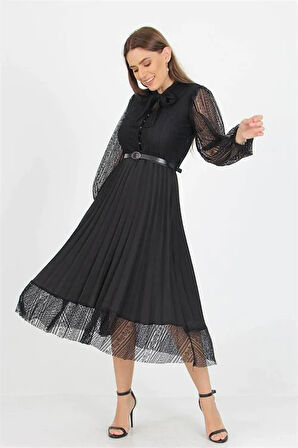 Dipmoda kadın siyah yakası bağlama detaylı kemerli dantel elbise APCX41