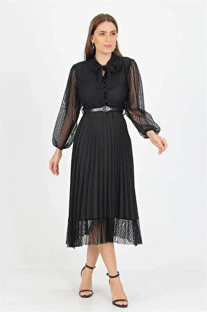 Dipmoda kadın siyah yakası bağlama detaylı kemerli dantel elbise APCX41