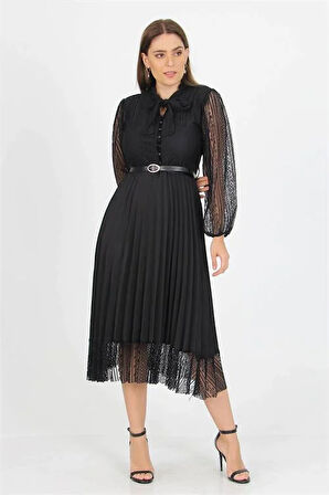 Dipmoda kadın siyah yakası bağlama detaylı kemerli dantel elbise APCX41