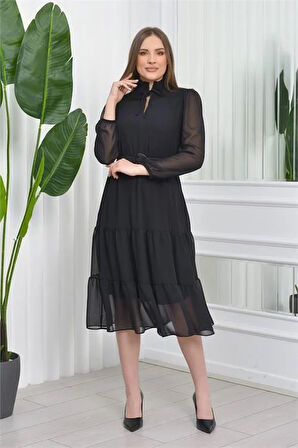 Dipmoda kadın kemerli midi boy gipeli şifon elbise DP7156 - Siyah