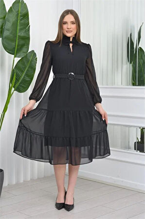 Dipmoda kadın kemerli midi boy gipeli şifon elbise DP7156 - Siyah