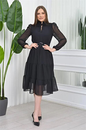 Dipmoda kadın kemerli midi boy gipeli şifon elbise DP7156 - Siyah