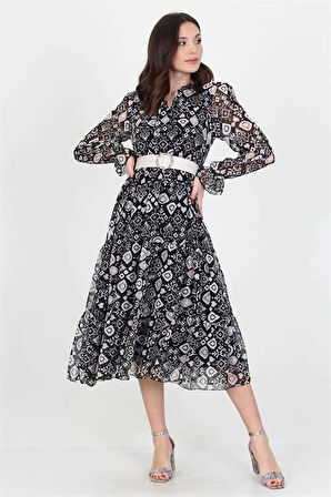 Dipmoda kadın kemerli yakası bağlama detaylı desenli şifon elbise RSSN02