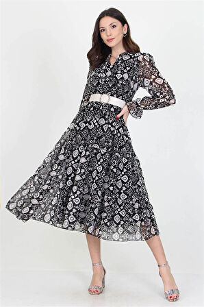 Dipmoda kadın kemerli yakası bağlama detaylı desenli şifon elbise RSSN02