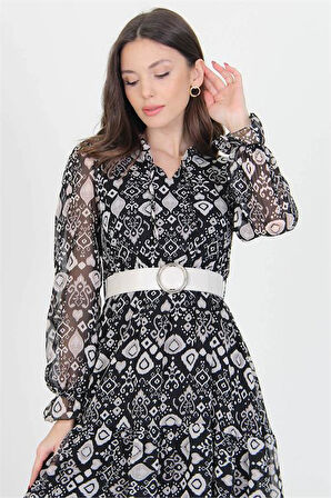 Dipmoda kadın kemerli yakası bağlama detaylı desenli şifon elbise RSSN02