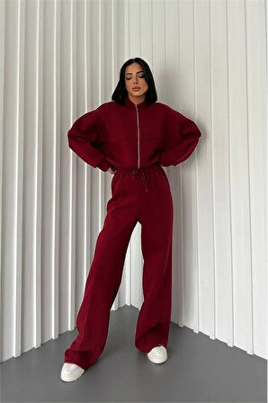 Dipmoda kadın şardonlu üç iplik eşofman takımı GTS018 - Bordo