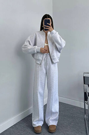 Dipmoda kadın şardonlu üç iplik eşofman takımı GTS018 - Gri Melanj