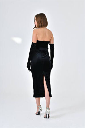 Dipmoda kadın straplez eldivenli fransız kadife abiye elbise DPS9334