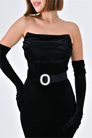 Dipmoda kadın straplez eldivenli fransız kadife abiye elbise DPS9334