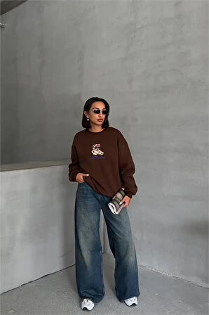 Dipmoda kadın kahverengi içi pamuklu nakış detaylı sweat DPG035