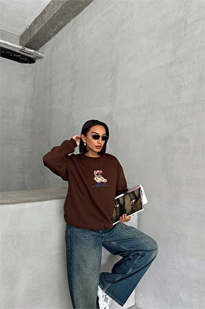 Dipmoda kadın kahverengi içi pamuklu nakış detaylı sweat DPG035