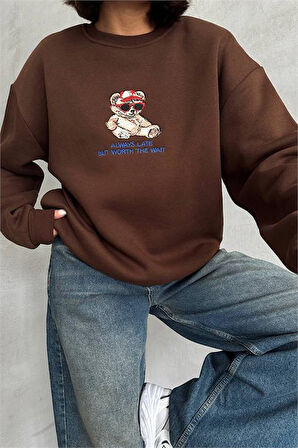 Dipmoda kadın kahverengi içi pamuklu nakış detaylı sweat DPG035