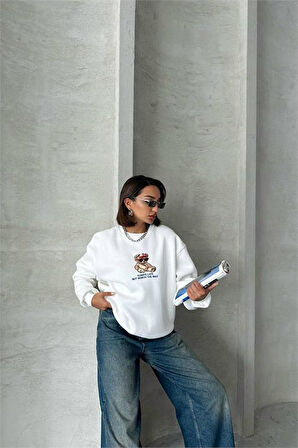 Dipmoda kadın ekru içi pamuklu nakış detaylı sweat DPG035