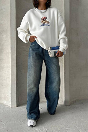 Dipmoda kadın ekru içi pamuklu nakış detaylı sweat DPG035