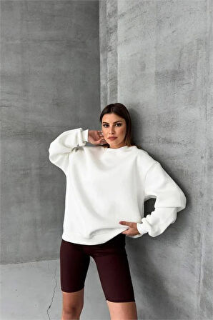 Dipmoda kadın ekru bisiklet yaka pamuklu sweat DPG031