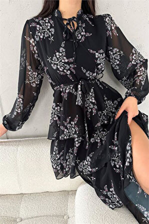 Dipmoda kadın astarlı eteği kat kat desenli şifon elbise DPKKLF2036
