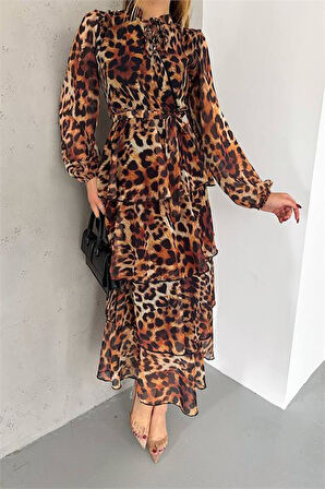 Dipmoda kadın eteği kat kat leopar desenli şifon elbise DPKKLF2036
