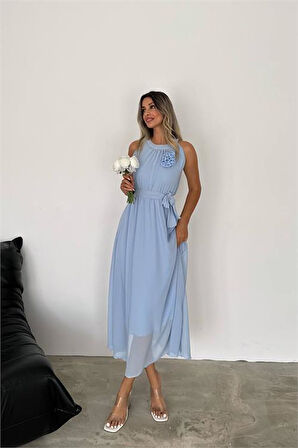 Dipmoda kadın gül broş detaylı uzun şifon elbise DPK2144