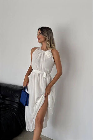 Dipmoda kadın gül broş detaylı uzun şifon elbise DPK2144