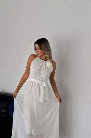 Dipmoda kadın gül broş detaylı uzun şifon elbise DPK2144