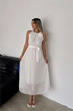 Dipmoda kadın gül broş detaylı uzun şifon elbise DPK2144