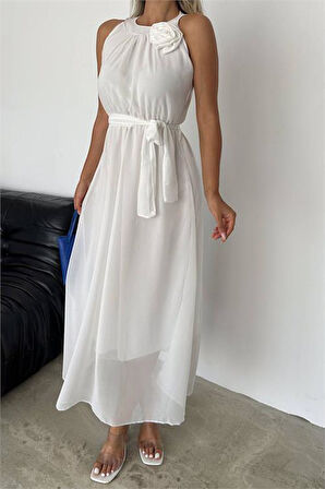 Dipmoda kadın gül broş detaylı uzun şifon elbise DPK2144