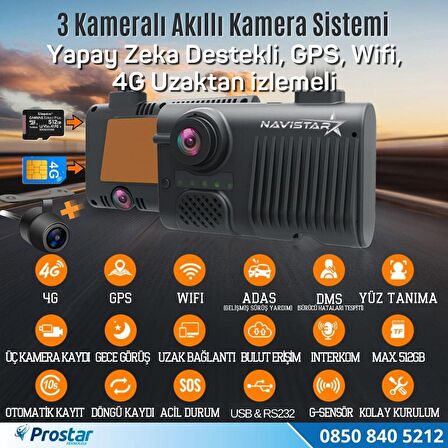 Uzaktan izlemeli 3 Kameralı Wifi GPS 4G Yapay Zeka destekli Akıllı Dashcam Taksi Kamera Sistemi