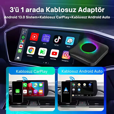 Carlinkit TBox Ambient Android 13, 8+128GB, Google PlayStore, Netflix, YouTube, Kablosuz/Wireless CarPlay &amp; Android Auto SIM Kart Destekli SM6225 Chipset Android Box (IMEI Kayıtlı)