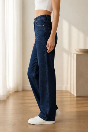 Btl Kadın Lacivert Salaş Likralı Rahat Kesim Palazzo Kot Pantolon Jean New-5
