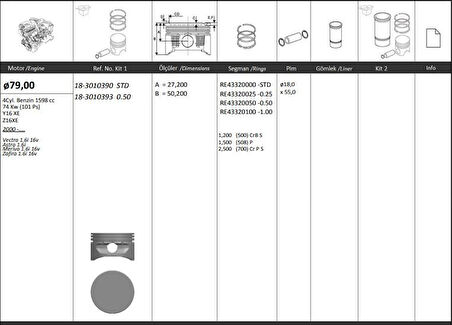 Opel Motor Piston+segmanı ( Riken )  79,00+stdmm Cap Vectra 1.6i 16v Astra 1.6i Meriva 1.6i 16v Zafıra 1. - Kingpiston 18-3010390