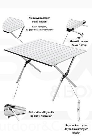 Box&Box Alüminyum, Katlanabilir Kamp ve Piknik Masası, Omuz Askılı Taşıma Çantasıyla, Large, Gri 