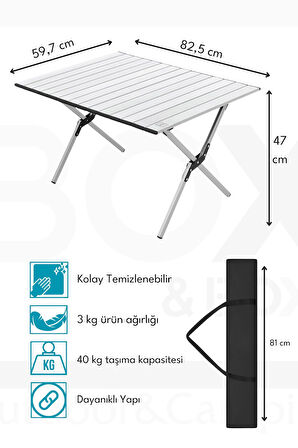 Box&Box Alüminyum, Katlanabilir Kamp ve Piknik Masası, Omuz Askılı Taşıma Çantasıyla, Large, Gri 